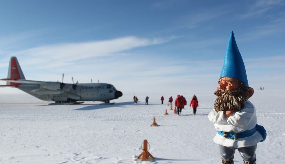 Here, the gnome is standing at the Antarctic South Pole. Turns out, the gnome (and you) weighs more at the South Pole than at the equator.