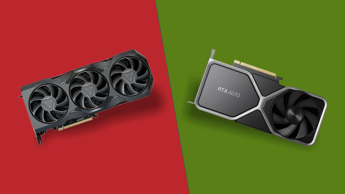 An RX 7900 GRE vs RTX 4070 against a two-tone techradar background