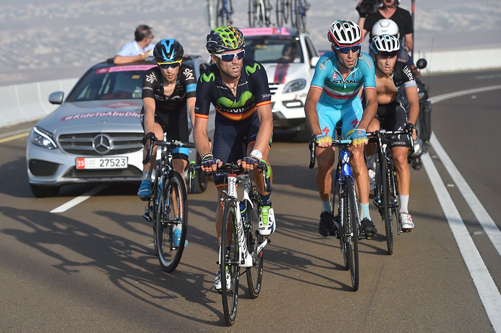 Alejandro Valverde (Movistar) leads a group of favourites on stage 3 of the Abu Dhabi Tour