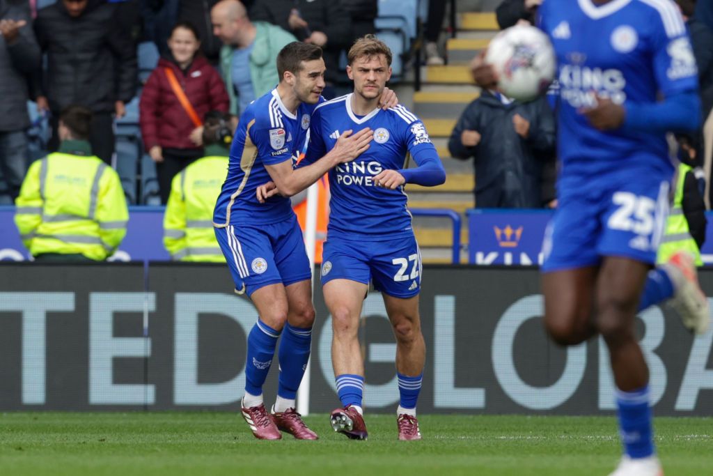 Kiernan Dewsbury-Hall is celebrating with his teammates after scoring for Leicester City, equalizing to bring the score level at 1-1 against Norwich City, during the first half of the Sky Bet Championship match between Leicester City and Norwich City at the King Power Stadium in Leicester, on April 1, 2024. (Photo by MI News/NurPhoto via Getty Images)