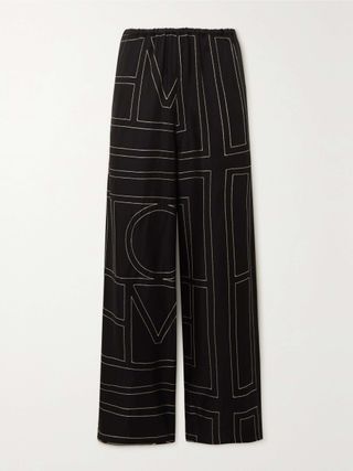 Embroidered Silk-Twill Wide-Leg Pants