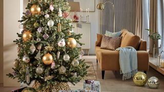 Gold luxe Christmas tree decorating idea with oversized baubles