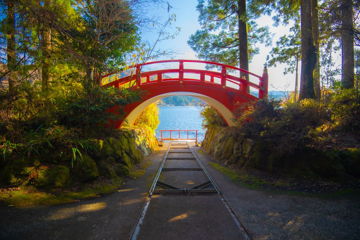 A red bridge against a colorful clump of trees in golden light