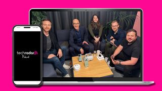 TechRadar Podcast logo displayed on a smartphone. Next to it is a laptop featuring the TechRadar podcast team: From left-to-right The Tech Chap, Lance Ulanoff, Josie Watson, Matt Evans, Alex Walker-Todd