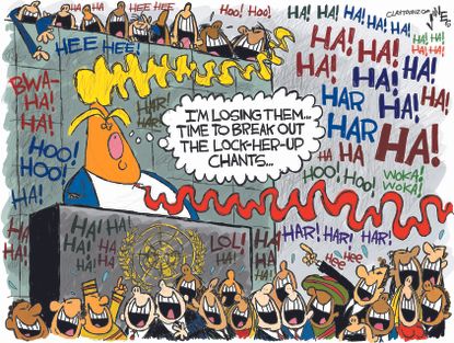 Political cartoon U.S. Trump United Nations speech laughter lock her up