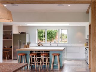 Bright kitchen with island and breakfast stools