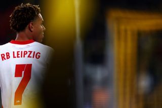 Antonio Nusa of RB Leipzig looks on during the Bundesliga match between Borussia Dortmund and RB Leipzig at Signal Iduna Park on November 02, 2024 in Dortmund, Germany.