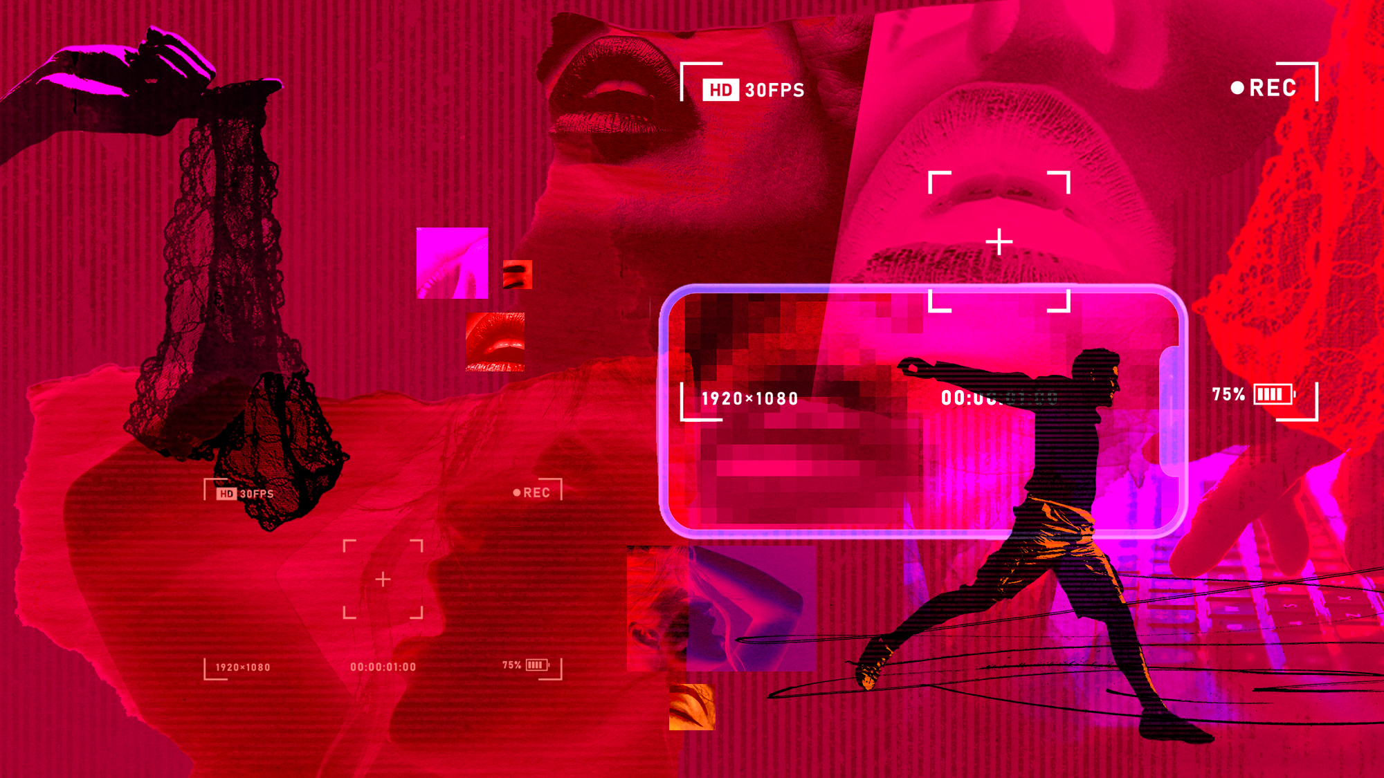 A collage depicting close-up of mouths, frilly underwear, a smartphone outline and a man leaping, all tinged red