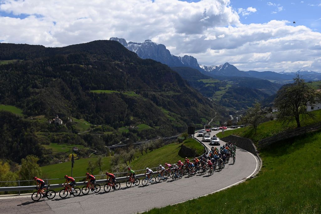 RITTEN ITALY APRIL 18 A general view of Tao Geoghegan Hart of United Kingdom and Team INEOS Grenadiers Green leader jersey Alexander Cepeda of Ecuador and Team EF EducationEasypost Blue mountain jersey and the peloton compete climbing to the Barbian 834m during the 46th Tour of the Alps 2023 Stage 2 a 1652km stage from Reith im Alpbachtal to Ritten 1174m on April 18 2023 in Reith im Alpbachtal Italy Photo by Tim de WaeleGetty Images