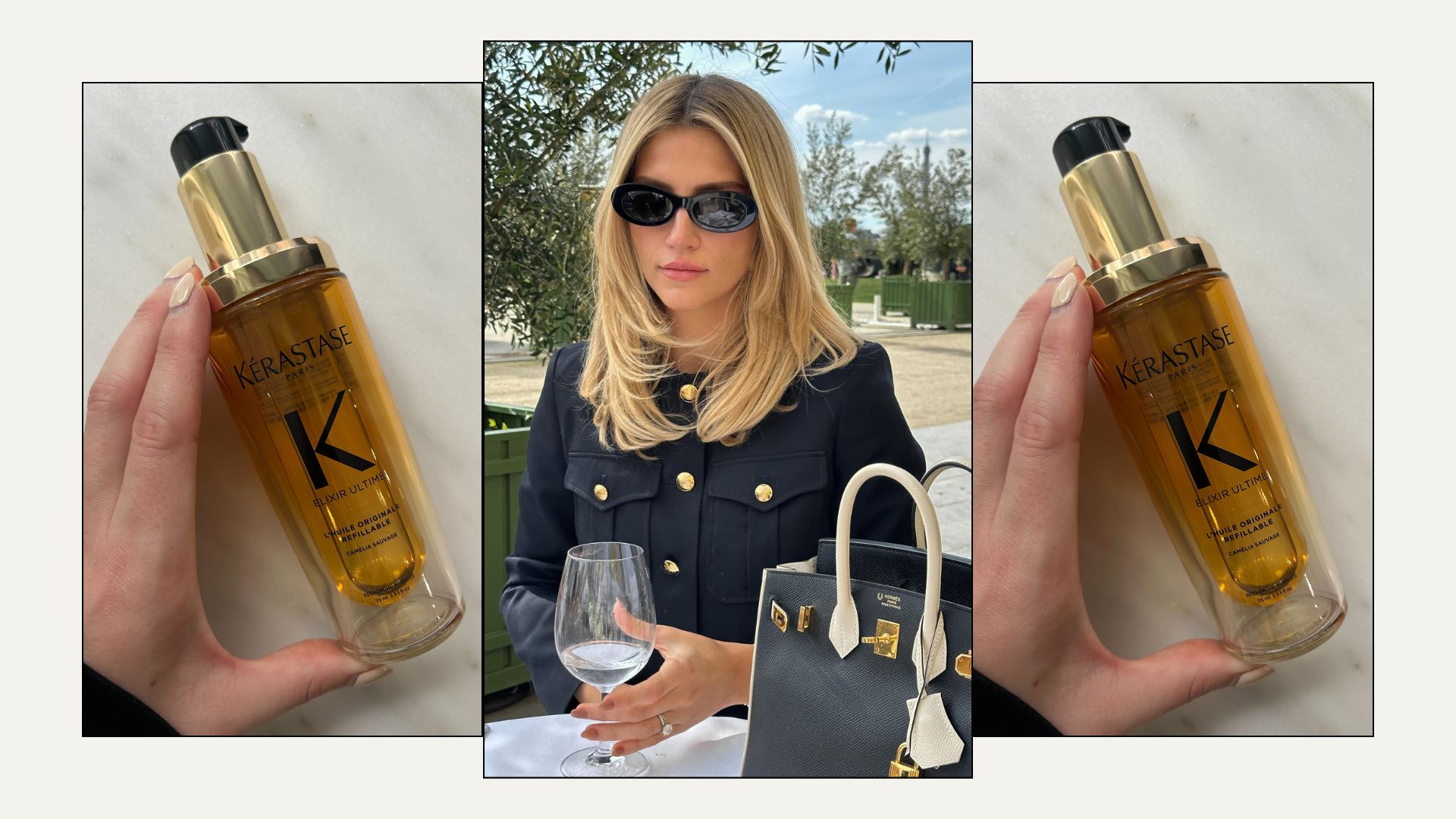 A woman with a blow-dry in Paris and two pictures of the Kerastase hair oil