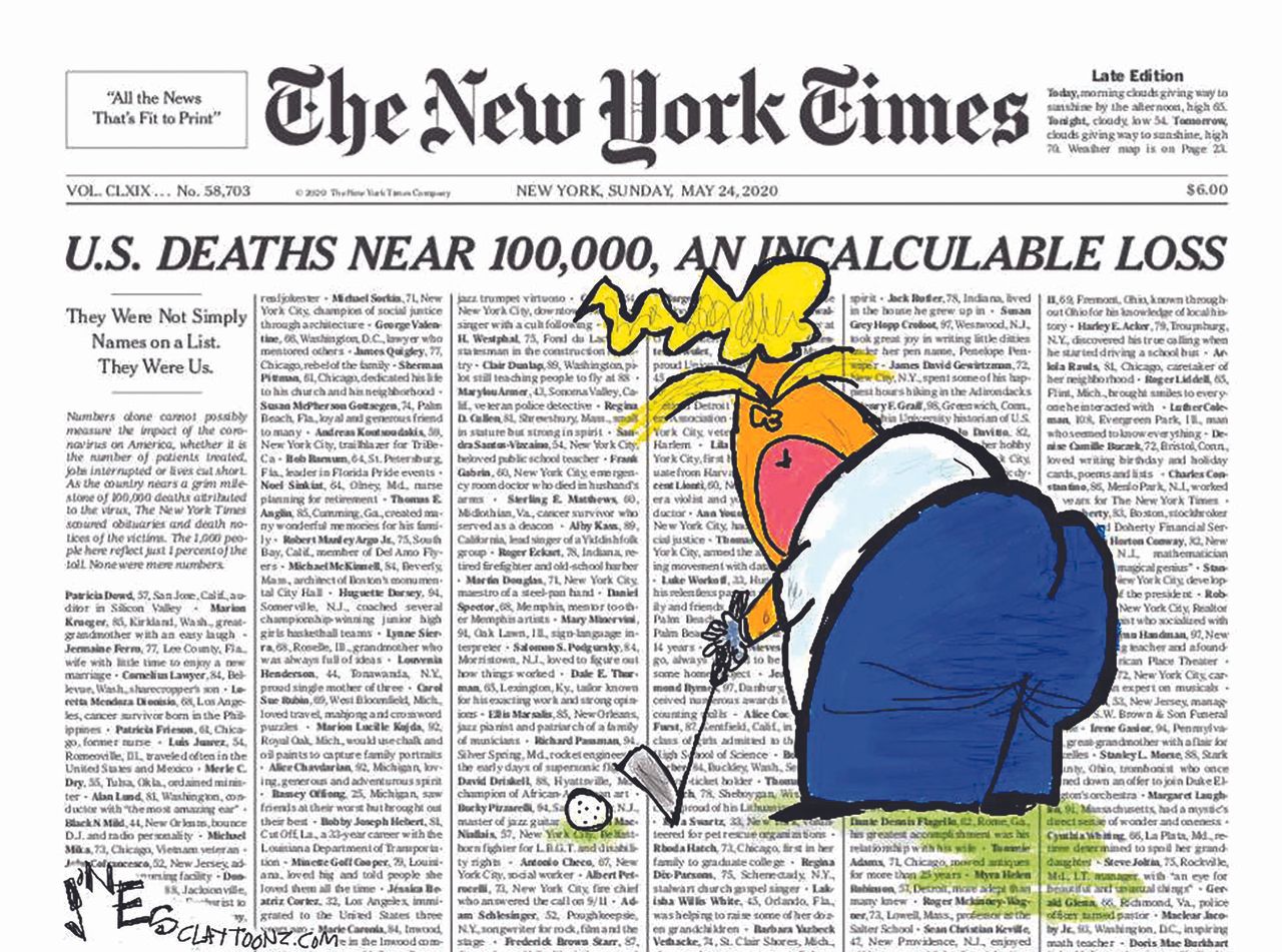 Political Cartoon U.S. Trump 100000 coronavirus deaths golfing