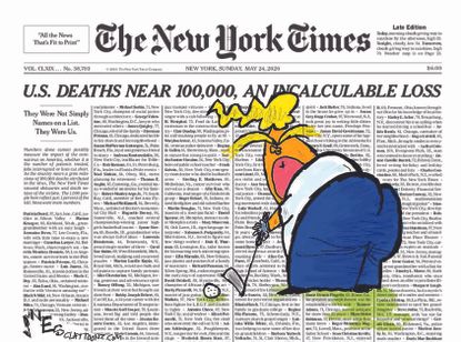 Political Cartoon U.S. Trump 100000 coronavirus deaths golfing