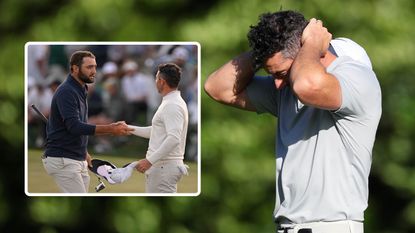 Rory McIlroy and Scottie Scheffler shaking hands and Rory McIlroy with his head in hands