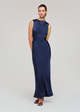 Navy Cowl Neck Satin Maxi Dress