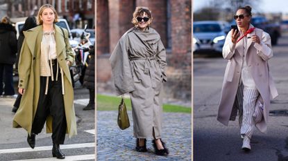 composite of three street style shots of women showing how to style a trench coat