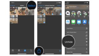 Unhide photos and video on iPhone and iPad by showing steps: tap Select, choose the media you want to unhide, tap Share, tap Unhide