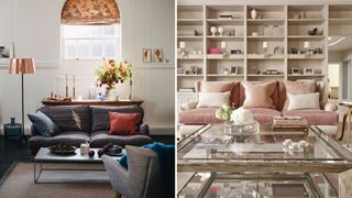 compilation image of two living rooms showing styled bookshelves, center tables and sideboards to demonstrated how simple styling can transform a living room on a budget