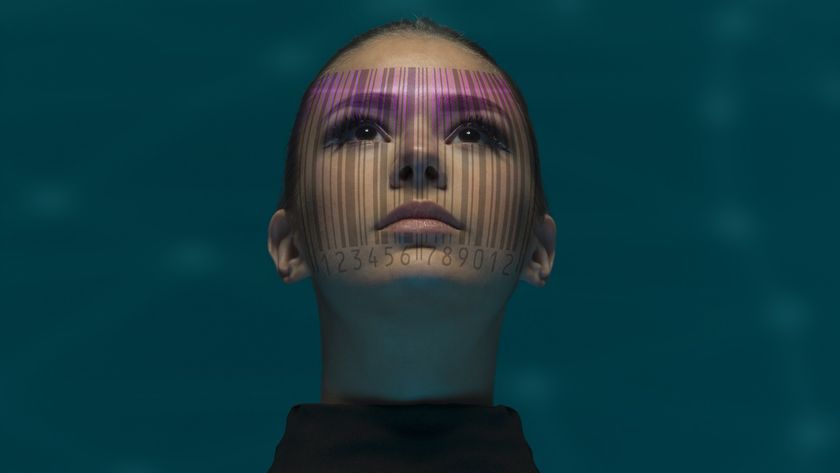 Portrait of woman with shadow of barcode on her face