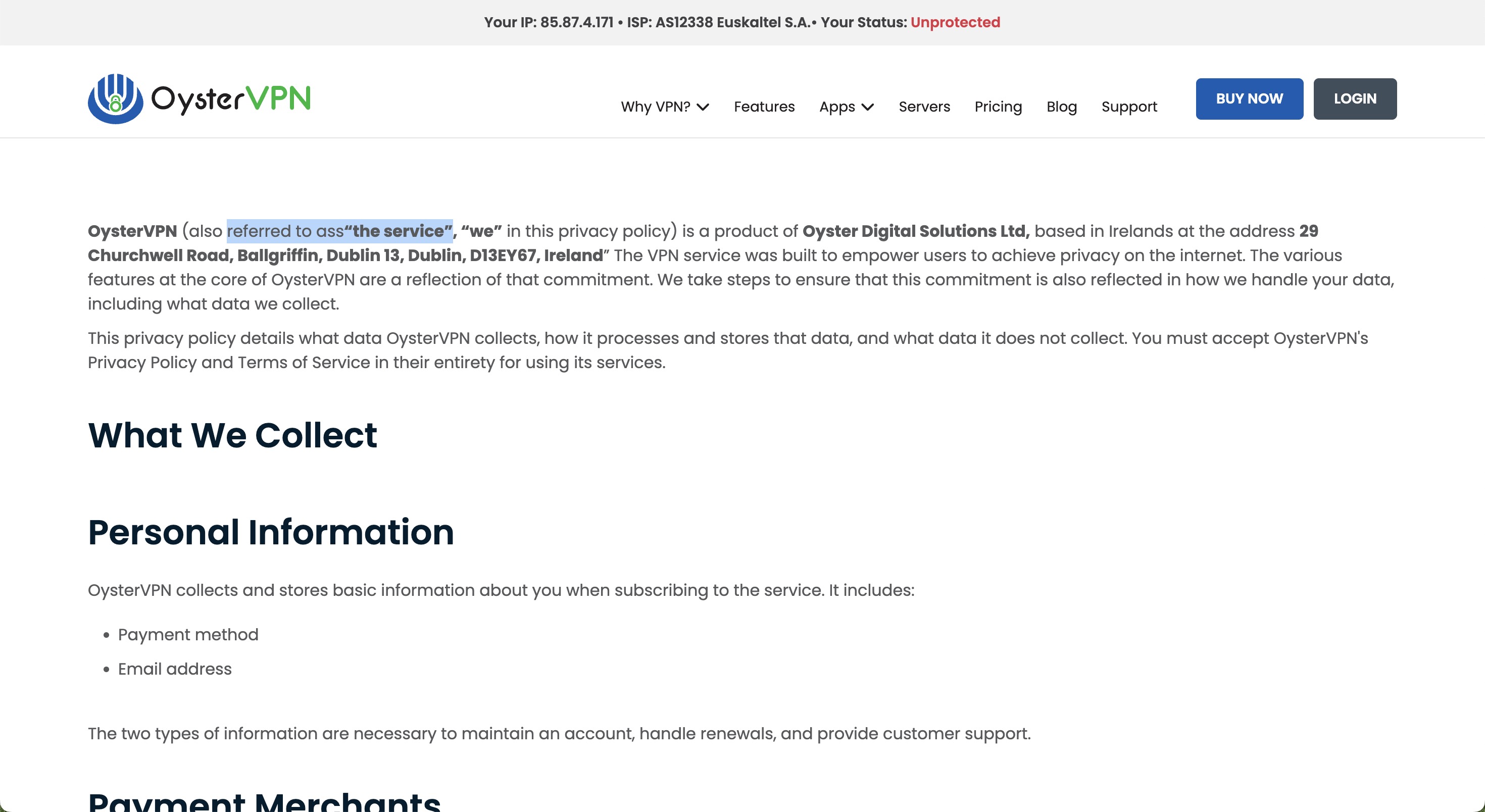 OysterVPN privacy policy typo