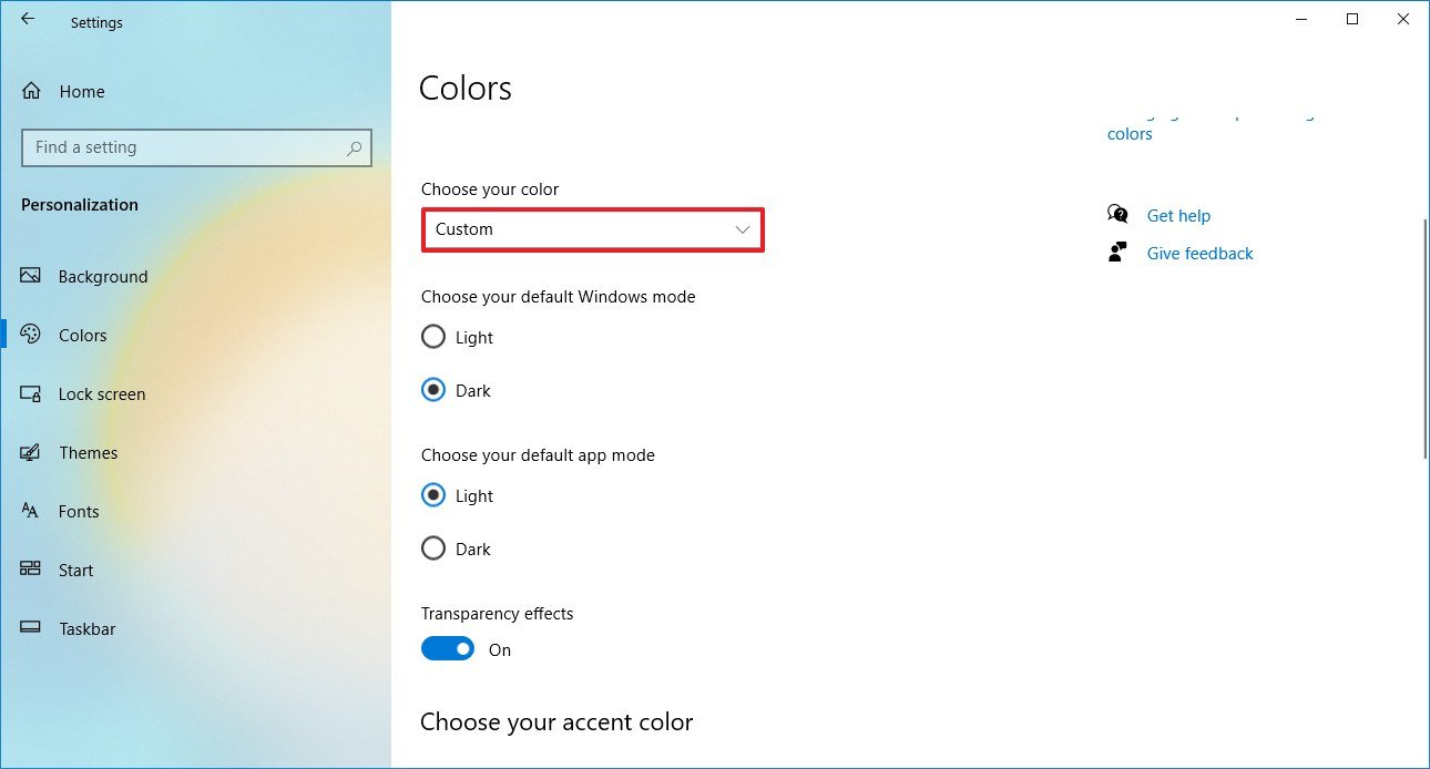 Windows 10 custom color mode