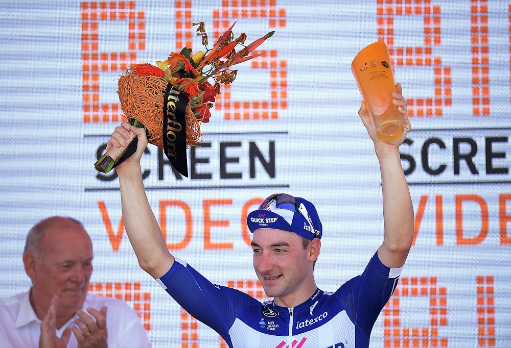 Elia Viviani on the tour Down Under podium after winning stage 3