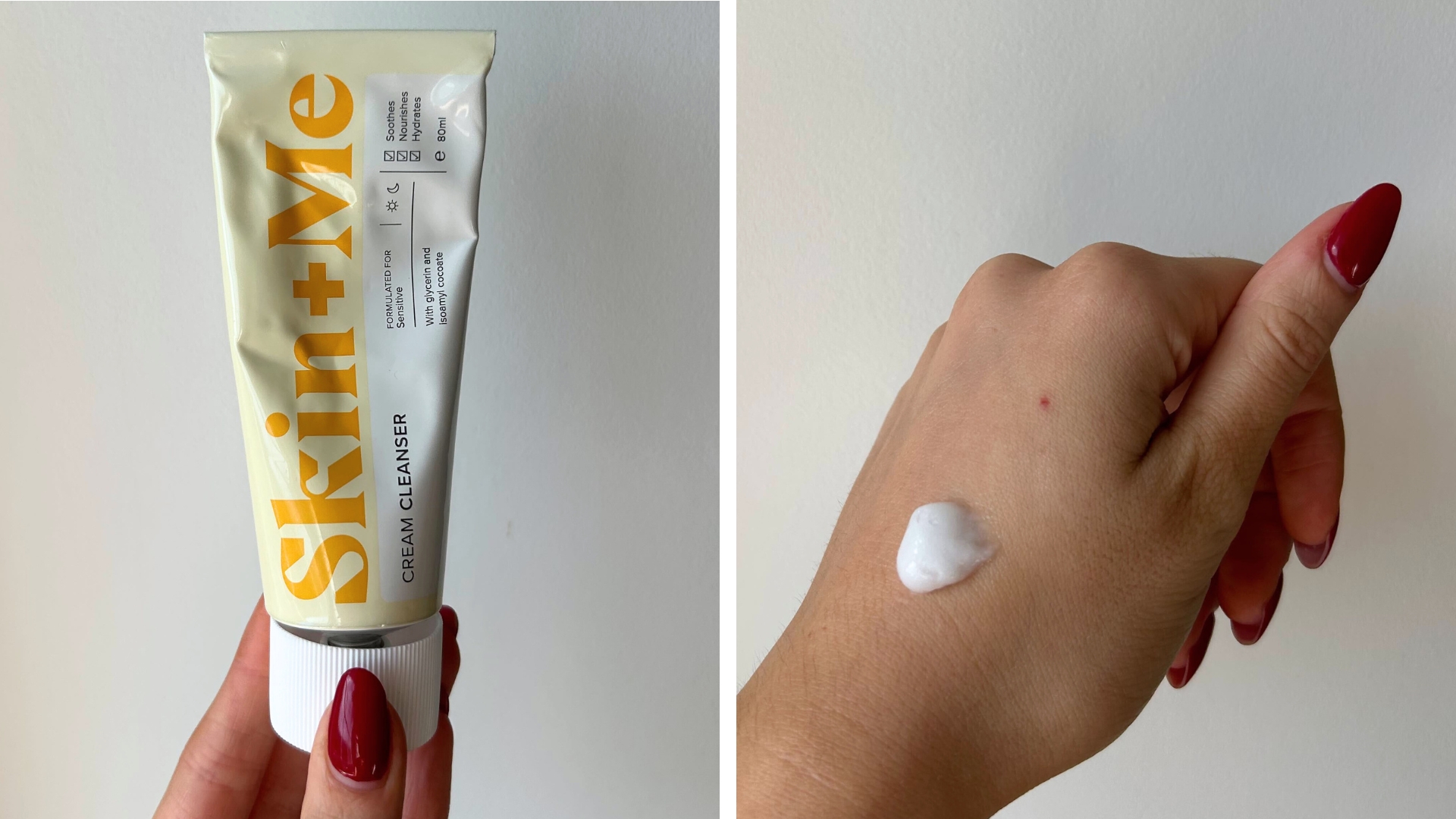 Collage of photos, including an image of hand holding Skin + Me Cream Cleanser on the left and image of the formula on the back of hand with red nails on the right
