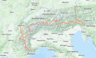 A route map on Strava across the Alps