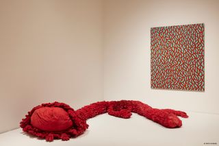 Installation view of Red Flower (1980) and Gentle Are the Stairs to Heaven (1990) at Yayoi Kusama: 1945 to Now, 2022 Photo: Lok Cheng M+, Hong Kong