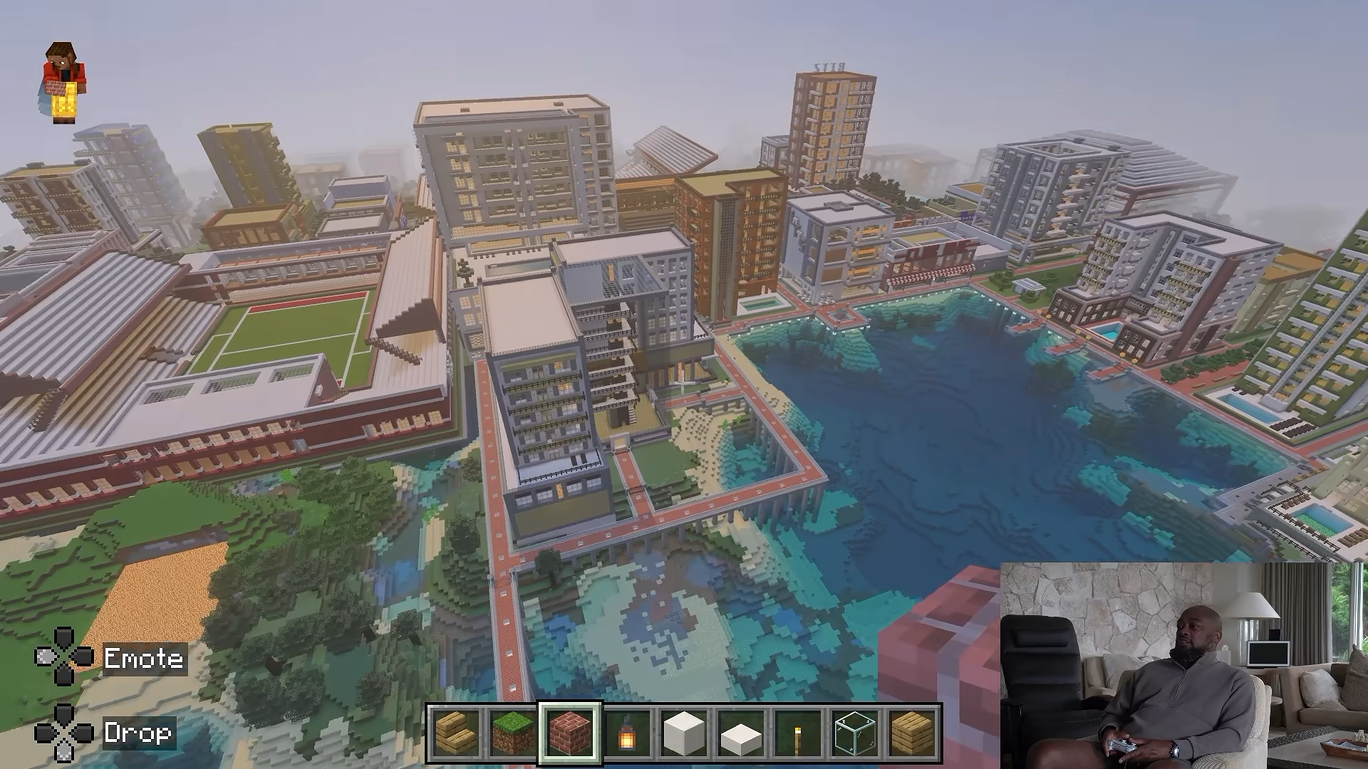 An aerial view of Mike Tomlin's 12-year Minecraft city, showing a waterfront district.