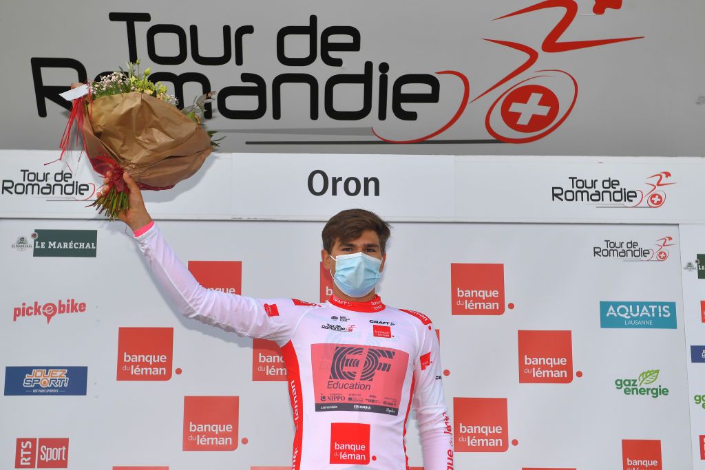ORON SWITZERLAND APRIL 27 Stefan Bissegger of Switzerland and Team EF Education Nippo White Best Young Rider Jersey celebrates at podium during the 74th Tour De Romandie 2021 Prologue a 405km Individual Time Trial stage from Oron to Oron 700m Mask Covid Safety Measures ITT TDR2021 TDRnonstop UCIworldtour on April 27 2021 in Oron Switzerland Photo by Luc ClaessenGetty Images