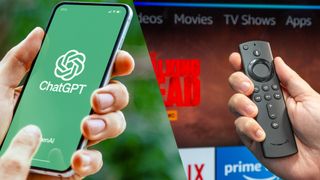 A side by side shot showing a person using ChatGPT on the left and holding a remote in front of a TV on the right