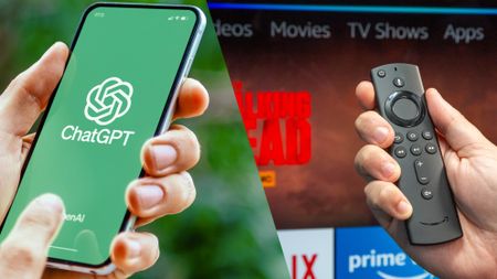 A side by side shot showing a person using ChatGPT on the left and holding a remote in front of a TV on the right