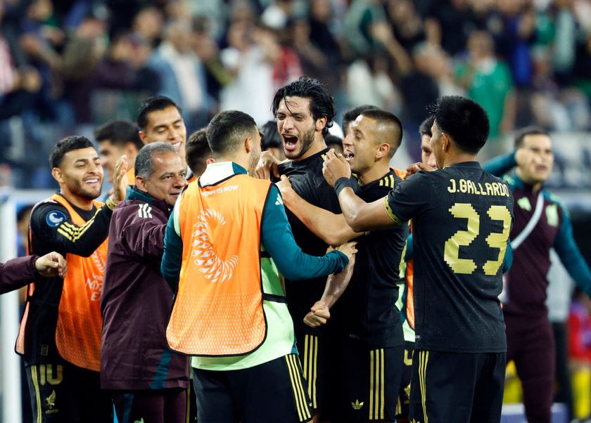 Raul Jimenez #9 of Mexico celebrates his second goal of the game with teammates during the second half of CONCACAF Nations League Semifinal match against Canada at SoFi Stadium on March 20, 2025 in Inglewood, California. 