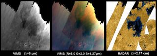 Observations of the northern seas of Titan by Cassini's Visual and Infrared Mapping Spectrometer, or VIMS, (left and center) and by RADAR (right).
