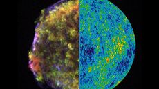 The expansion of the universe represented by the two leading methods: the expanding shell of supernova and the cosmic microwave background.