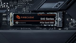 A Seagate FireCuda 540 SSD slotted into a motherboard