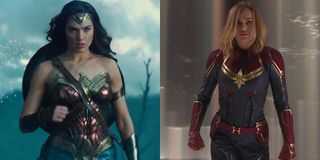 Gal Gadot as Wonder Woman and Brie Larson as Captain Marvel