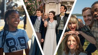 A collage showing stills from Netflix's Forever, Bridgerton and The Four Seasons series