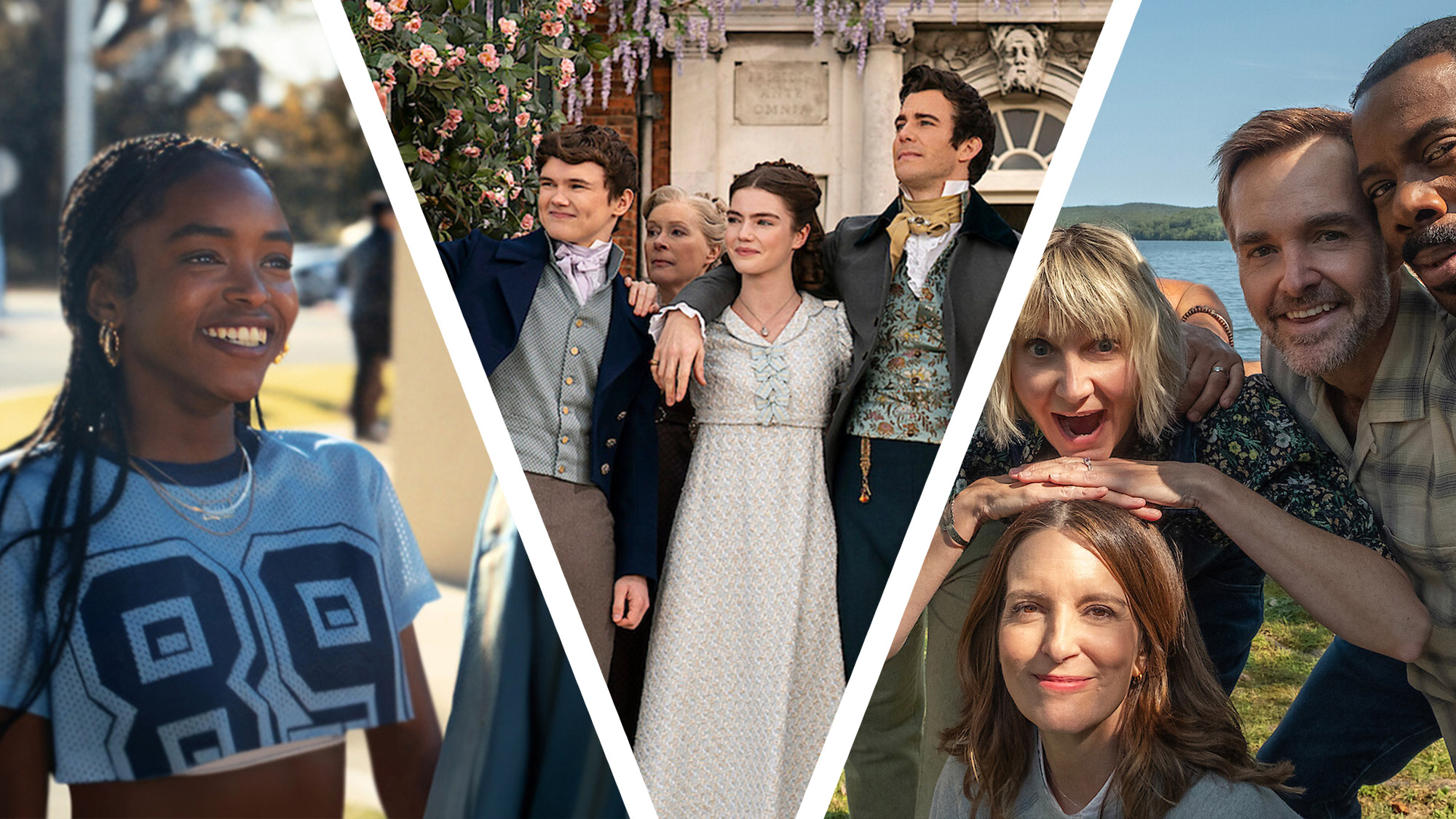 A collage showing stills from Netflix's Forever, Bridgerton and The Four Seasons series