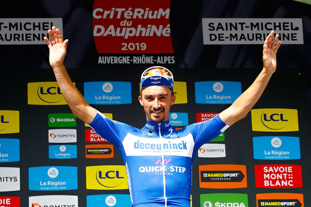 Julian Alaphilippe (Deceuninck-Quick Step) on the Dauphine podium after winning stage 6