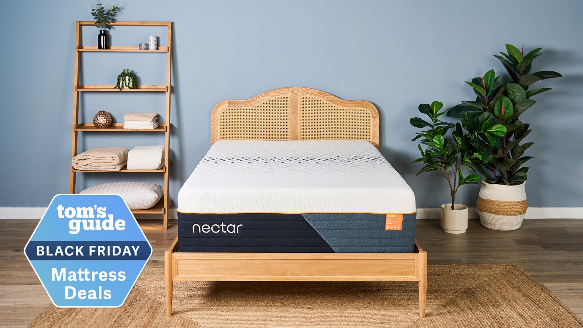 Nectar Ultra Hybrid mattress on wooden bedframe with rattan headboard in sleep studio with blue wall, bedside shelving on the left and two plants on the right