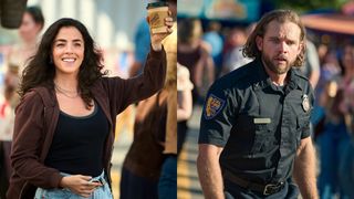 From left to right: Olivia Thirlby as CJ Ryan holding up a coffee cup with her right hand and Max Thieriot as Bode Leone looking concerned on Fire Country.