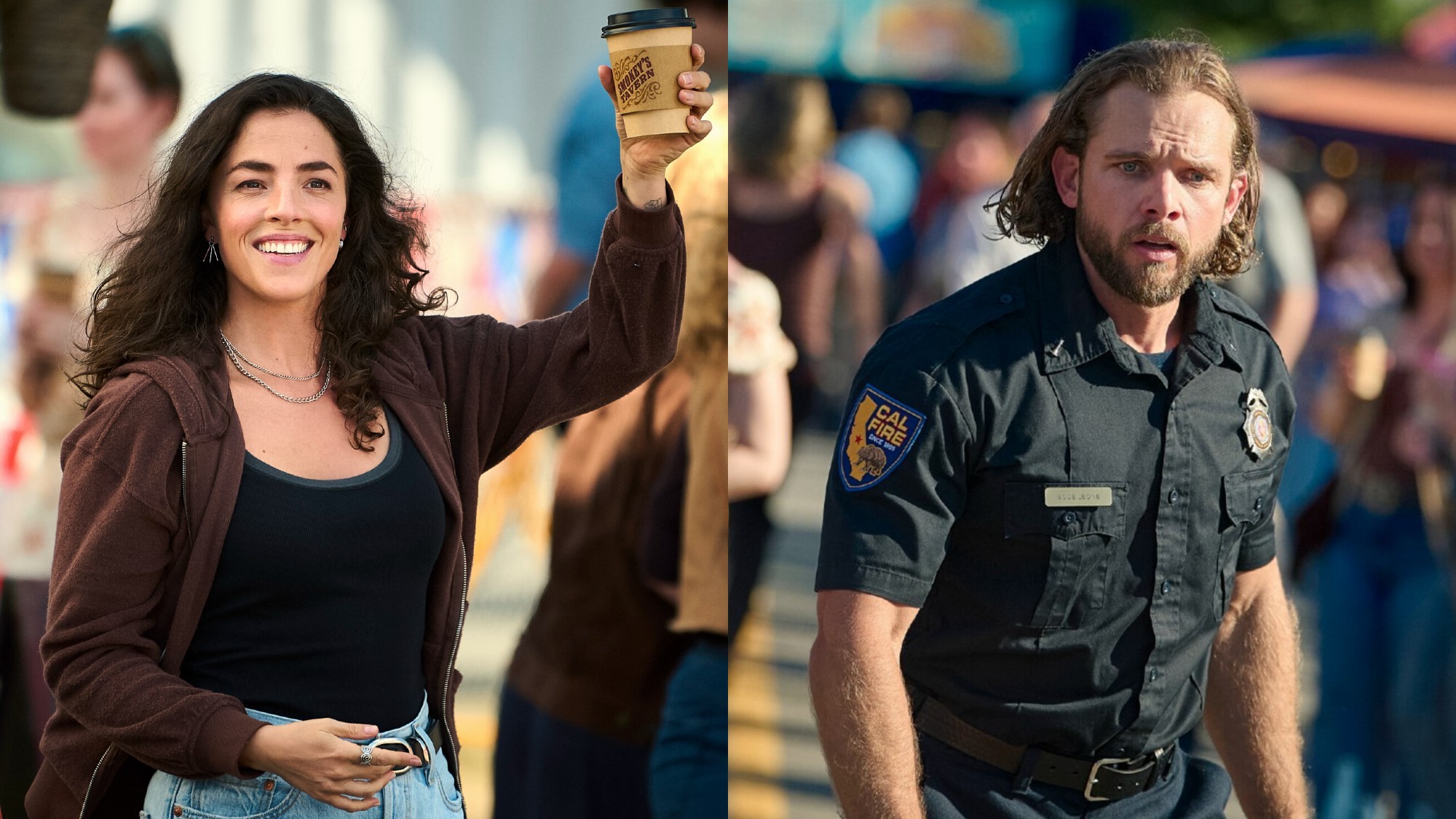From left to right: Olivia Thirlby as CJ Ryan holding up a coffee cup with her right hand and Max Thieriot as Bode Leone looking concerned on Fire Country.