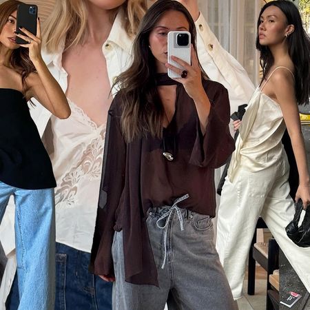 fashion collage featuring four style influencers Marianne Smyth, Chloe Butler, Johanna Lager, and Mimi Nguyen wearing gorgeous tops with jeans for 2026 including lace camisoles, sheer blouses, drape satin, and more