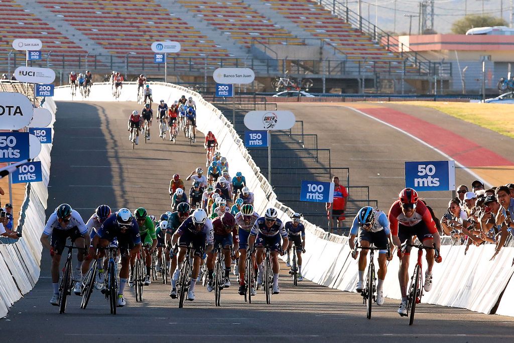 SAN JUAN ARGENTINA JANUARY 24 A general view of Quinn Simmons of The United States and Team Trek Segafredo sprints to win ahead of Maximiliano Richeze of Argentina and Team Argentina Sam Bennett of Ireland and Team Bora Hansgrohe White Leader Jersey Fernando Gaviria of Colombia and Movistar Team Yves Lampaert of Belgium and Team Soudal QuickStep Peter Sagan of Slovakia and Team Total Energiesand the peloton during the 39th Vuelta a San Juan International 2023 Stage 3 a 1709km stage from Circuito San Juan Villicum to Circuito San Juan Villicum VueltaSJ2023 on January 24 2023 in San Juan Argentina Photo by Maximiliano BlancoGetty Images