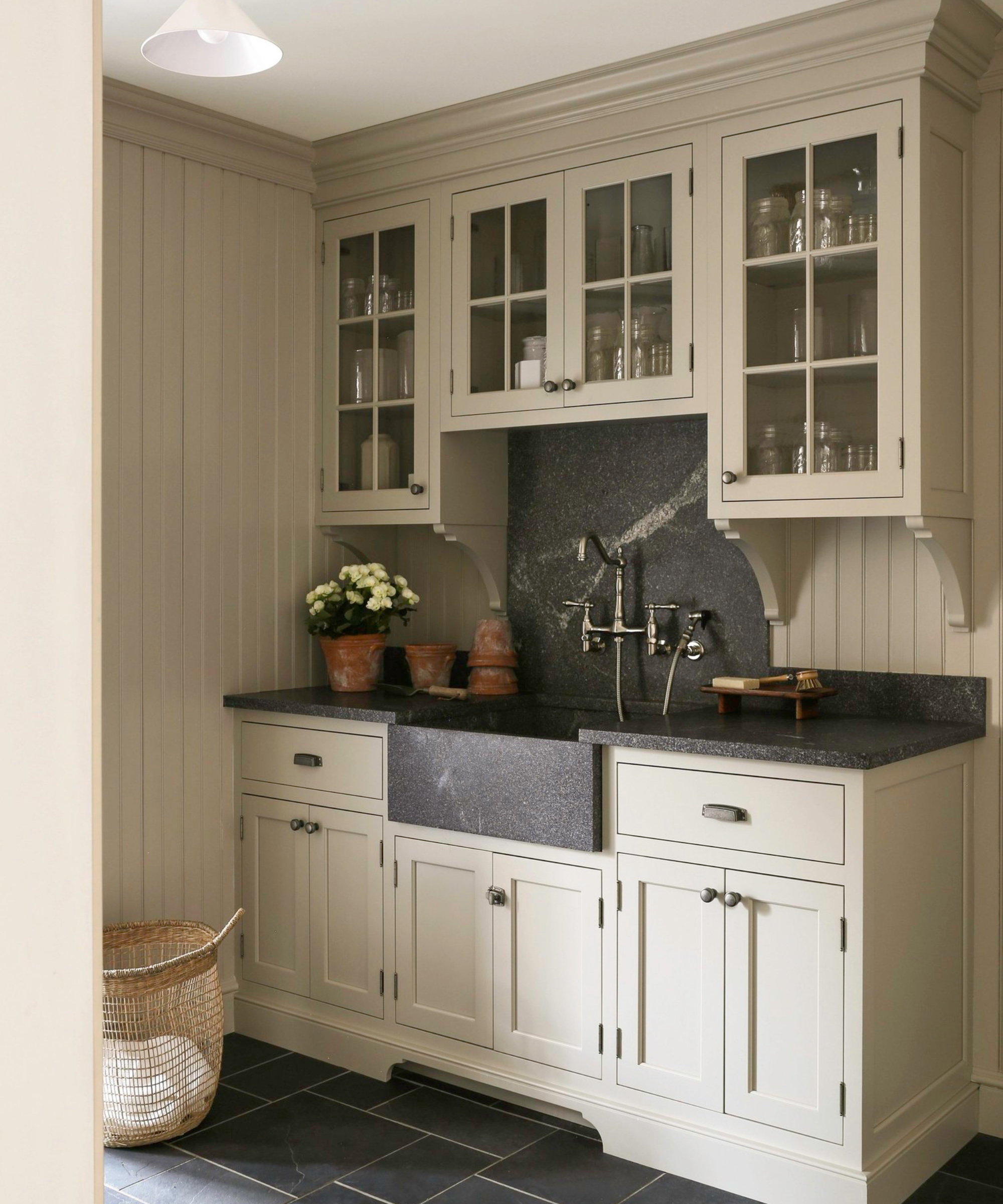 A small mud room painted in Benjamin Moore's Revere Pewter
