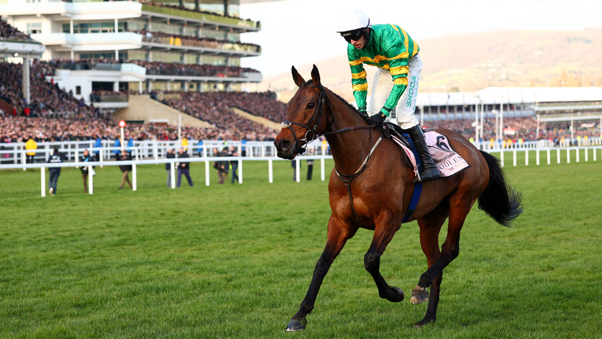 Mark Walsh riding Inothewayurthinkin celebrates winning the Boodles Cheltenham Gold Cup Chase during Day Four of the 2025 Cheltenham Festival