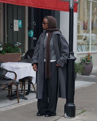 Liv wearing grey wool coat