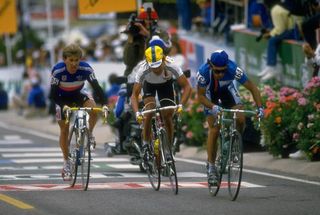 Moreno Argentin of Italy rides with Charly Montet of France and Rolf Goelz of Germany during the 1986 World Cycling Championships