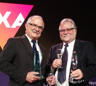 Pictured L to R: Lectrosonics President Gordon Moore, recipient of the Fred Dixon Service in Education Award and Steve Somers, retired Extron VP of Engineering, who received the Mackey Barron Lifetime Achievement award.